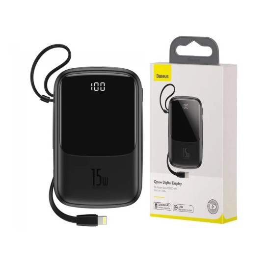 BASEUS POWER BANK BS-P1001L (PPQD-B01) WITH IP CABLE 2 INPUTS/4 OUTPUTS 10000MAH 15W 3A BLACK